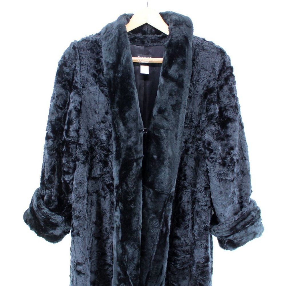 VTG Long Full Length Faux Fur Robe Coat Black Shawl Collar Roll Cuff Hinge Hook - Picture 2 of 10